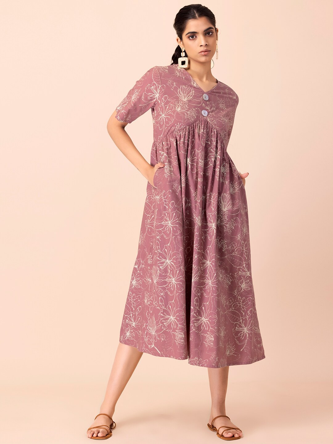 

Earthen BY INDYA Pink Floral Ethnic Empire Pure Cotton A-Line Midi Dress