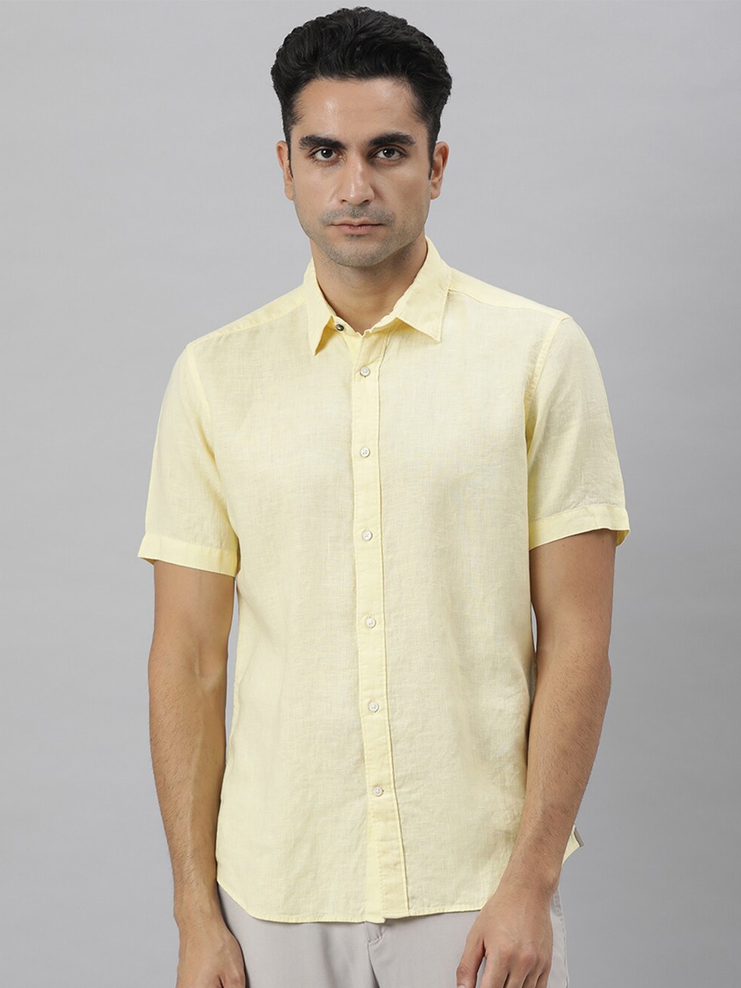 

RARE RABBIT Men Flax Linen Shirt, Yellow
