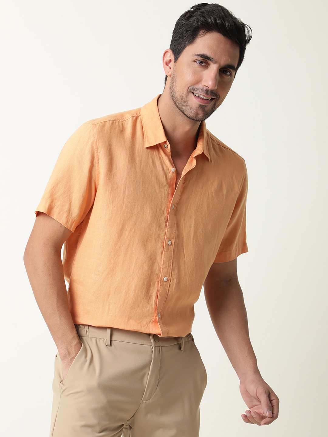 

RARE RABBIT Men Flax Linen Shirt, Orange