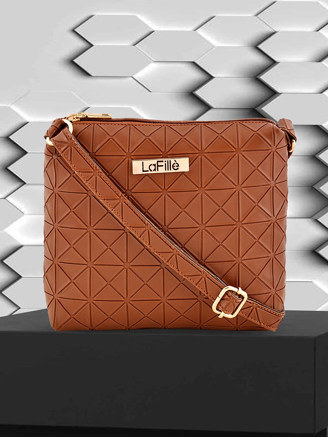

LaFille Tan Textured PU Structured Shoulder Bag with Cut Work