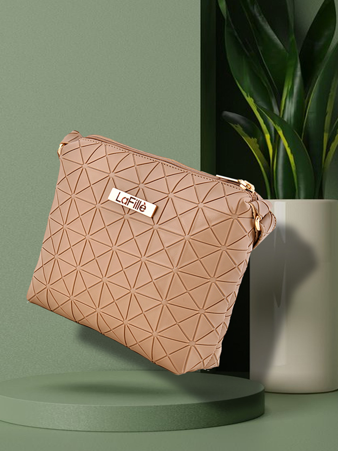 

LaFille Beige Textured PU Structured Sling Bag