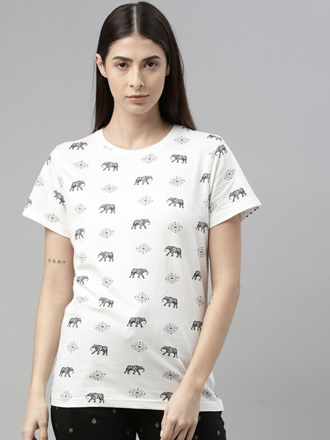 

Kryptic Women Off White & Grey Printed Pure Cotton Lounge T-shirt