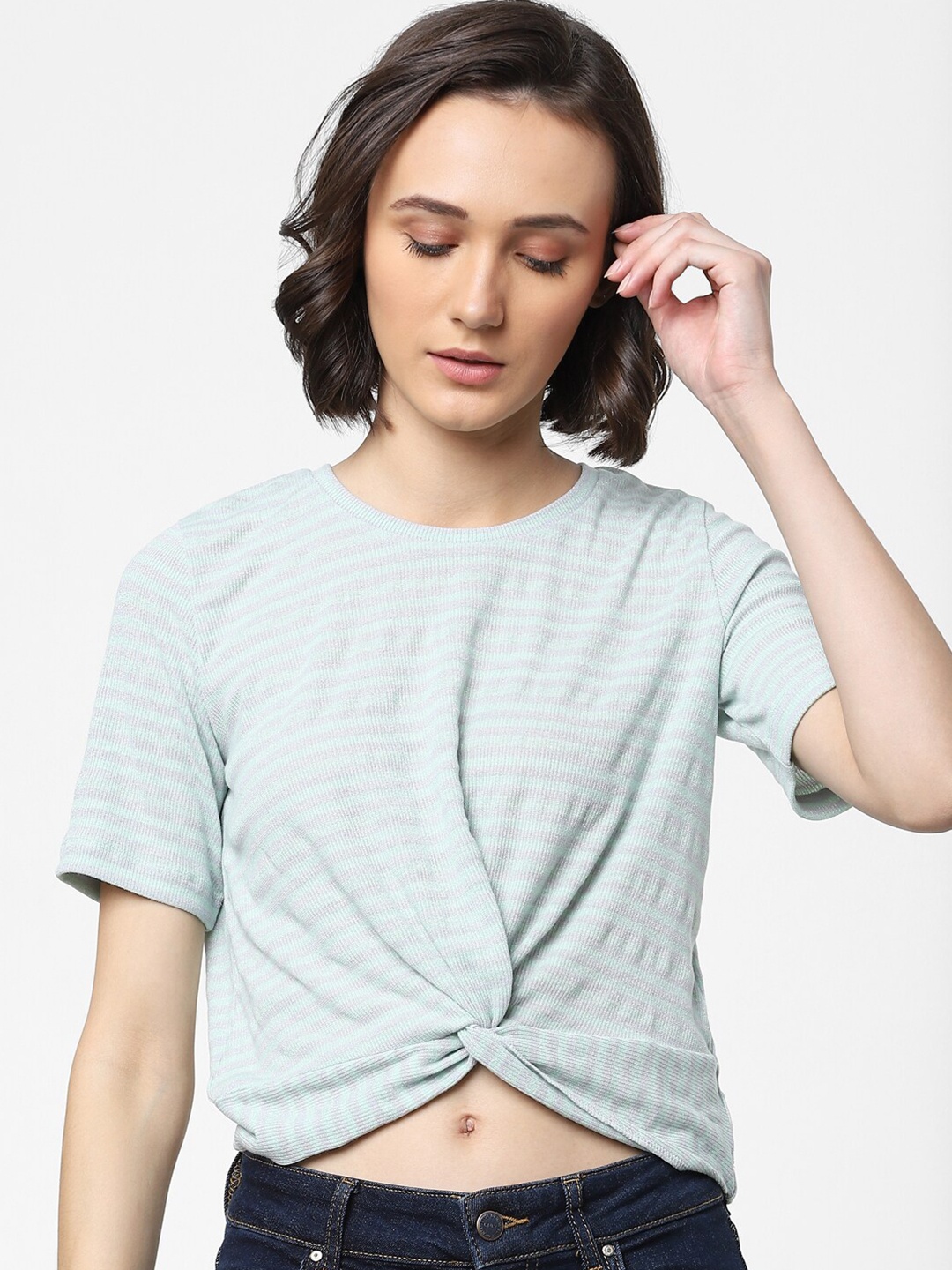 

ONLY Women Sea Green & Purple Striped Boxy Crop T-shirt