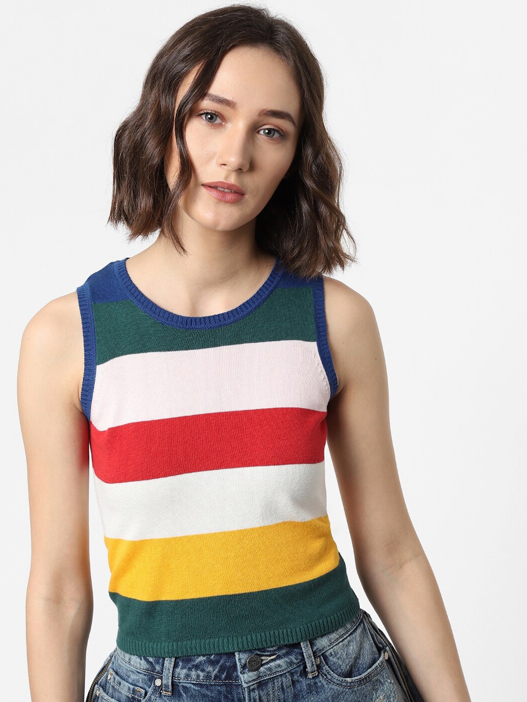 

ONLY Women White & Red Striped Polo Collar Cotton T-shirt