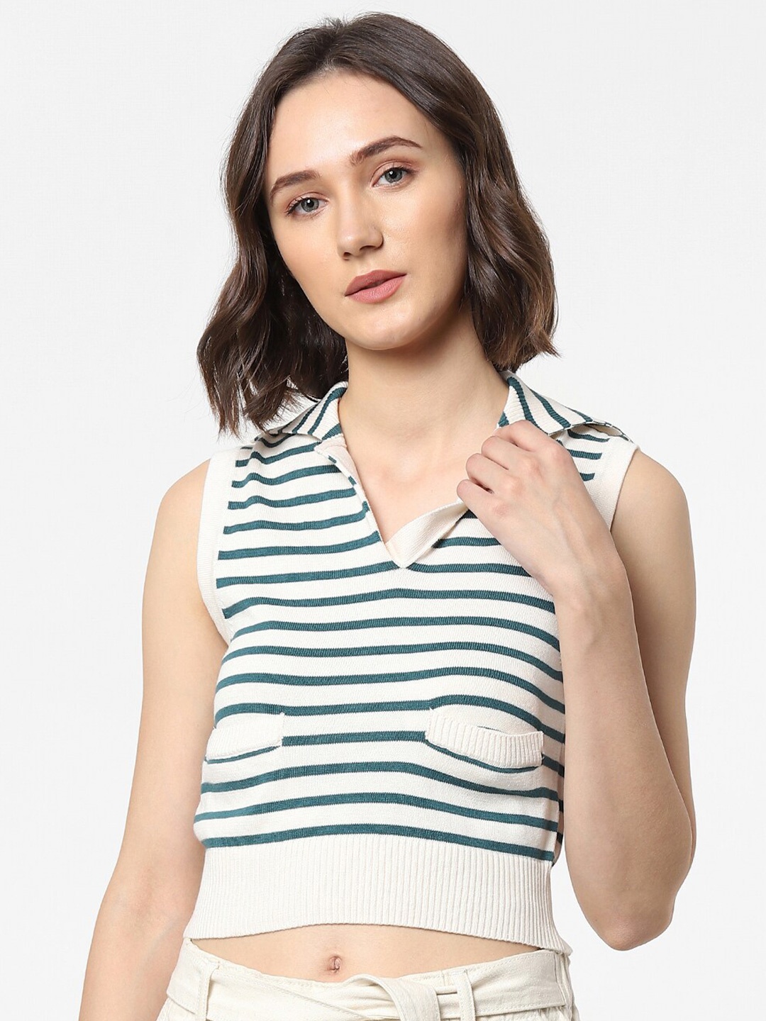

ONLY White & Green Striped Cotton Crop Top
