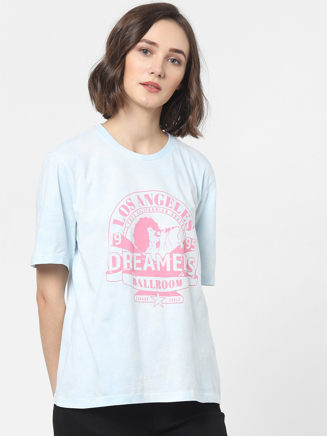 

ONLY Women Sea Green Printed Cotton Relaxed Fit T-shirt