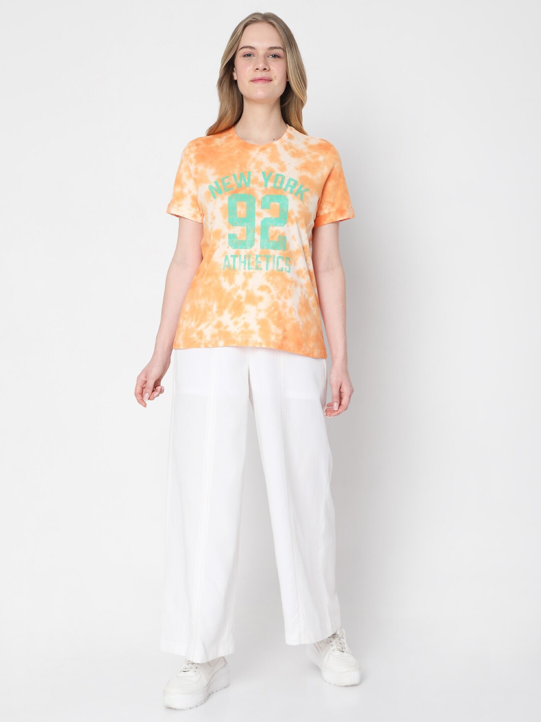 

Vero Moda Women Orange & Green Typography Printed T-shirt