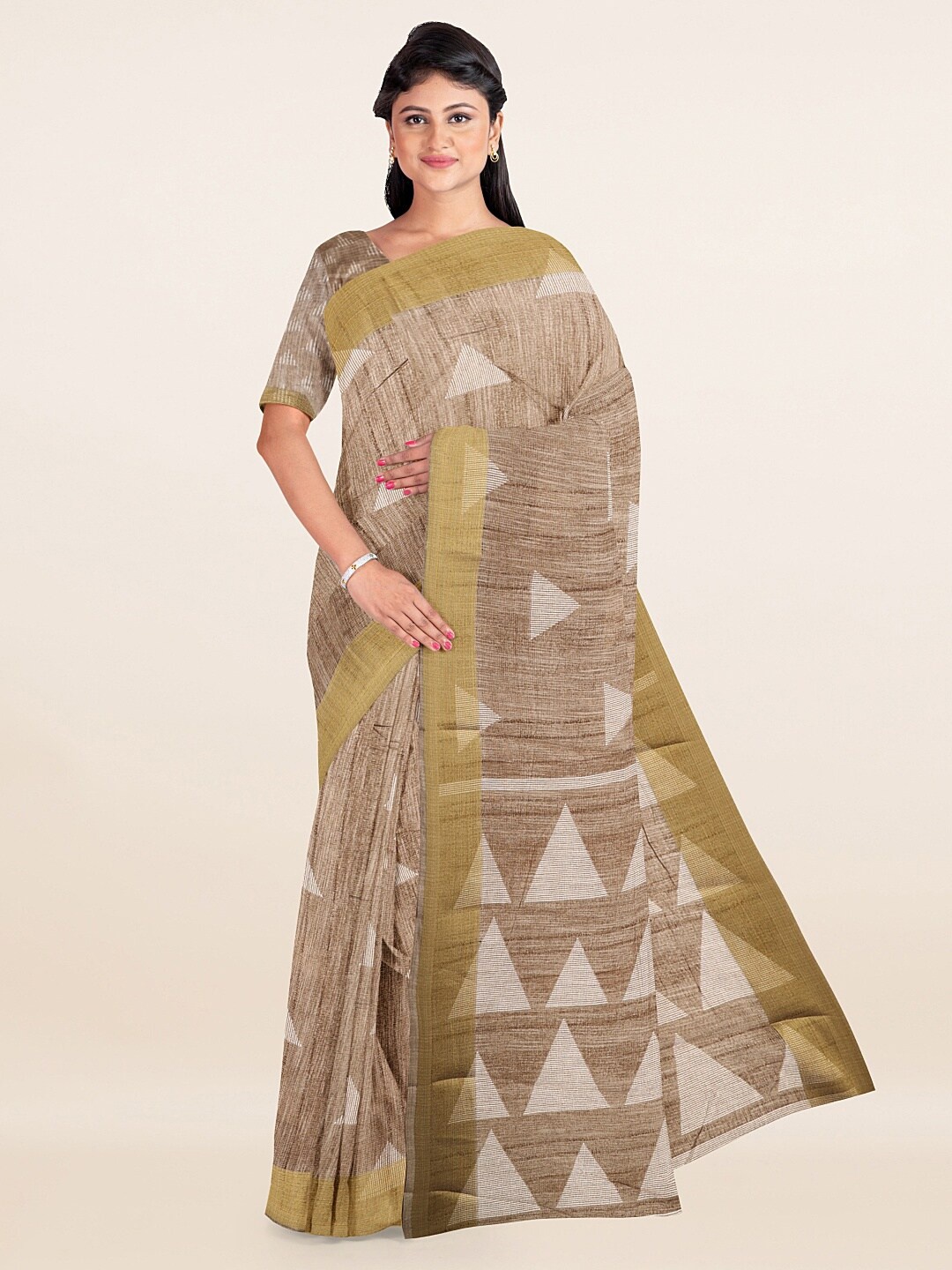 

Pothys Brown & White Geometric Printed Zari Saree