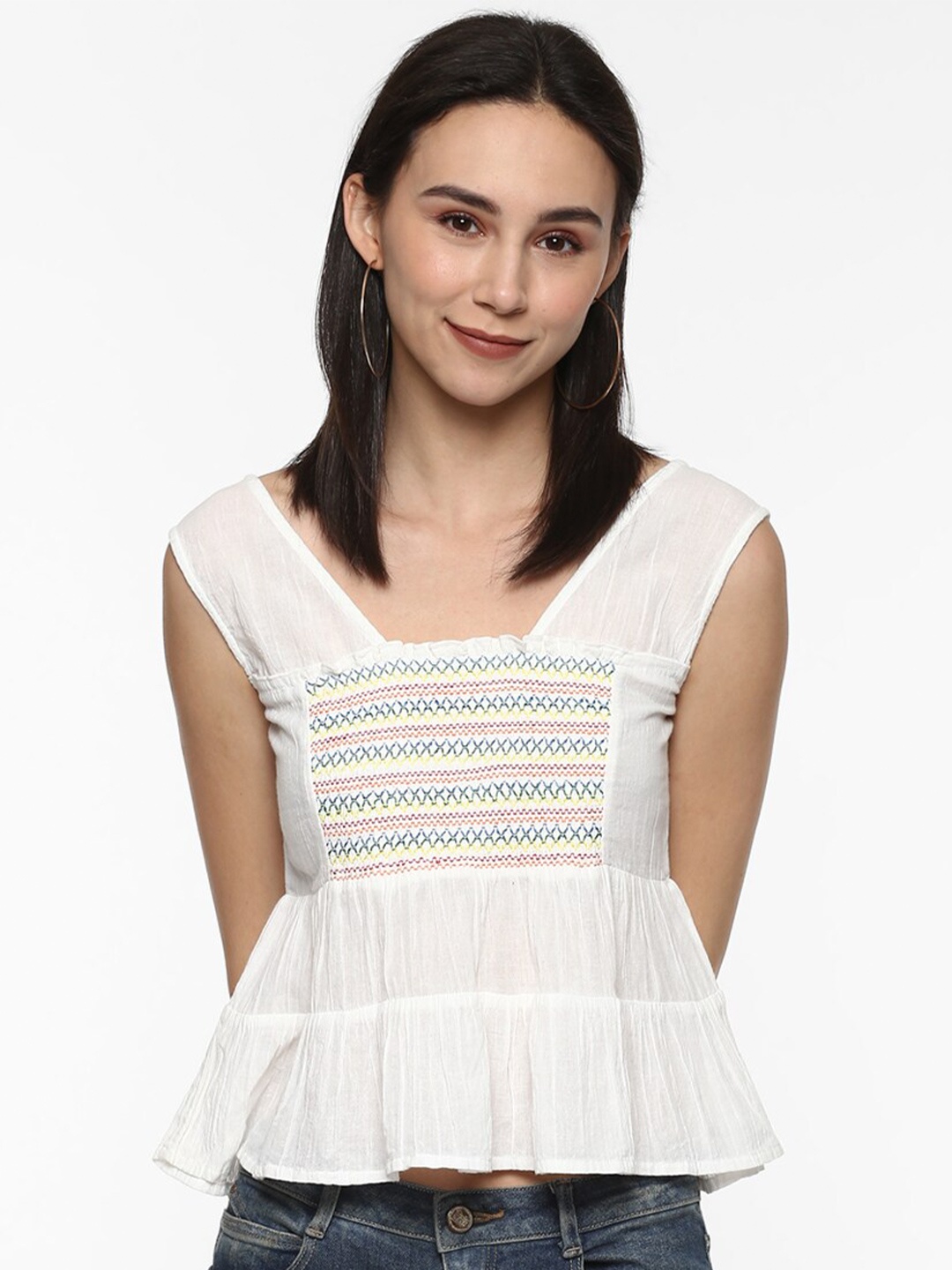 

Porsorte White & Blue Checked Smocked Peplum Crop Top