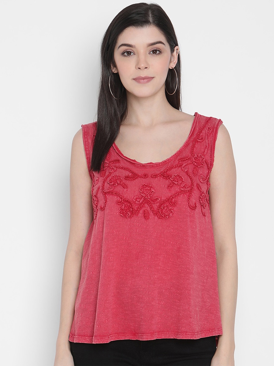 

Porsorte Red Cotton Embroidered A-Line Top