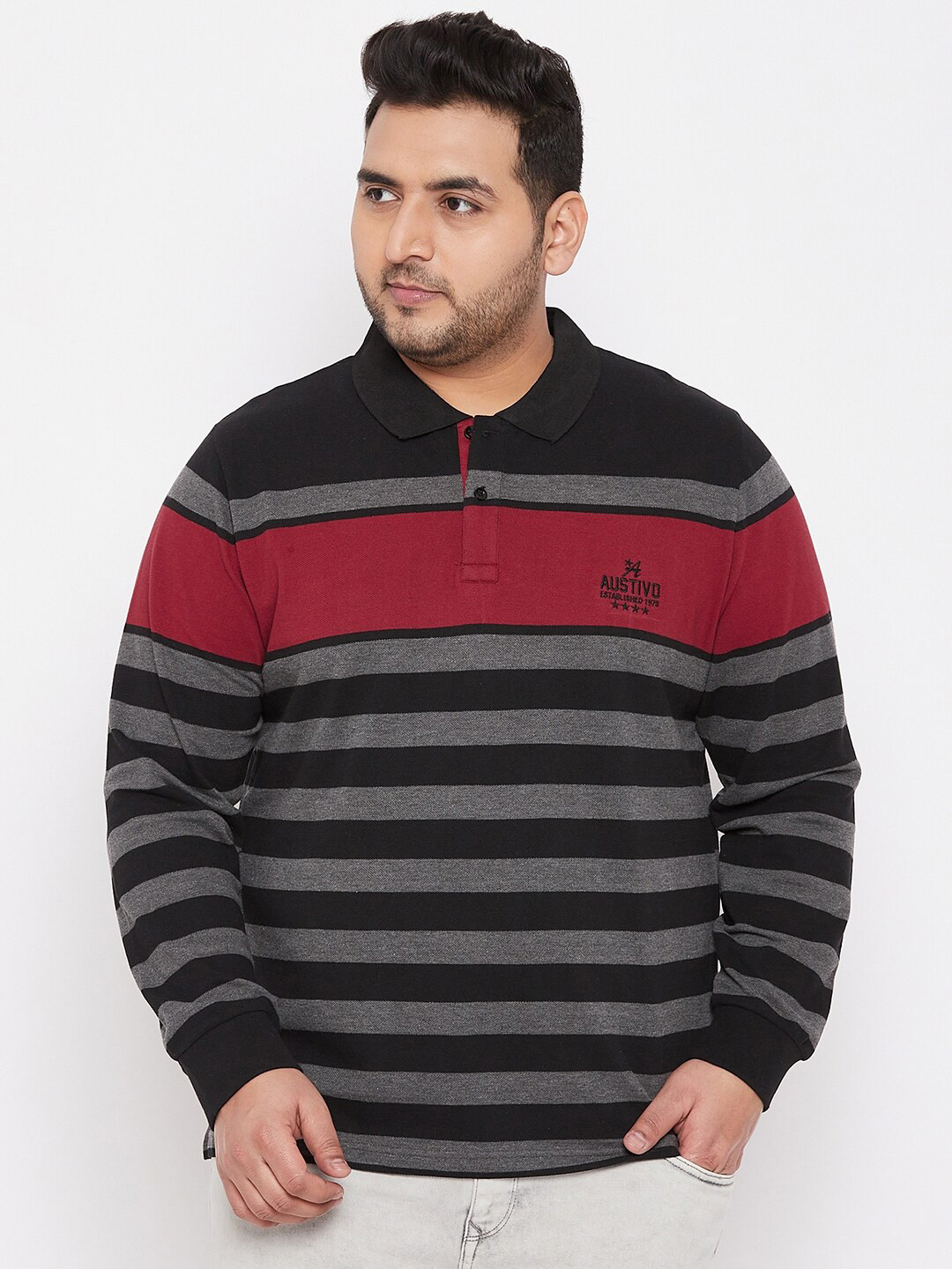 

AUSTIVO Men Black & Red Striped Polo Collar Regular Fit T-shirt