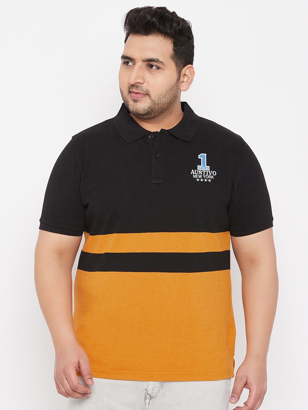 

AUSTIVO Men Plus Size Black Colourblocked Regular Fit T-shirt