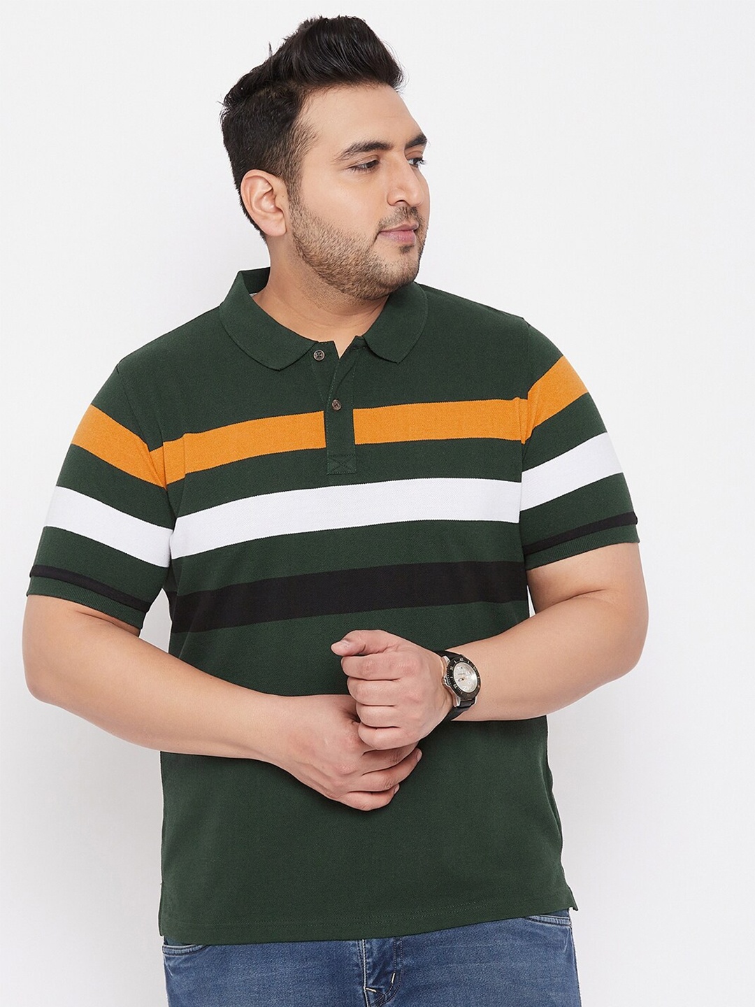 

AUSTIVO Men Olive Green Striped Plus Size Polo Collar T-shirt