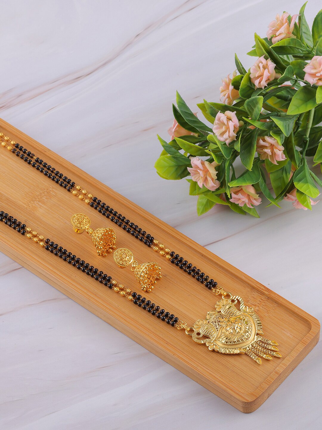 

Brandsoon Gold-Plated Black Beaded Mangalsutra Set