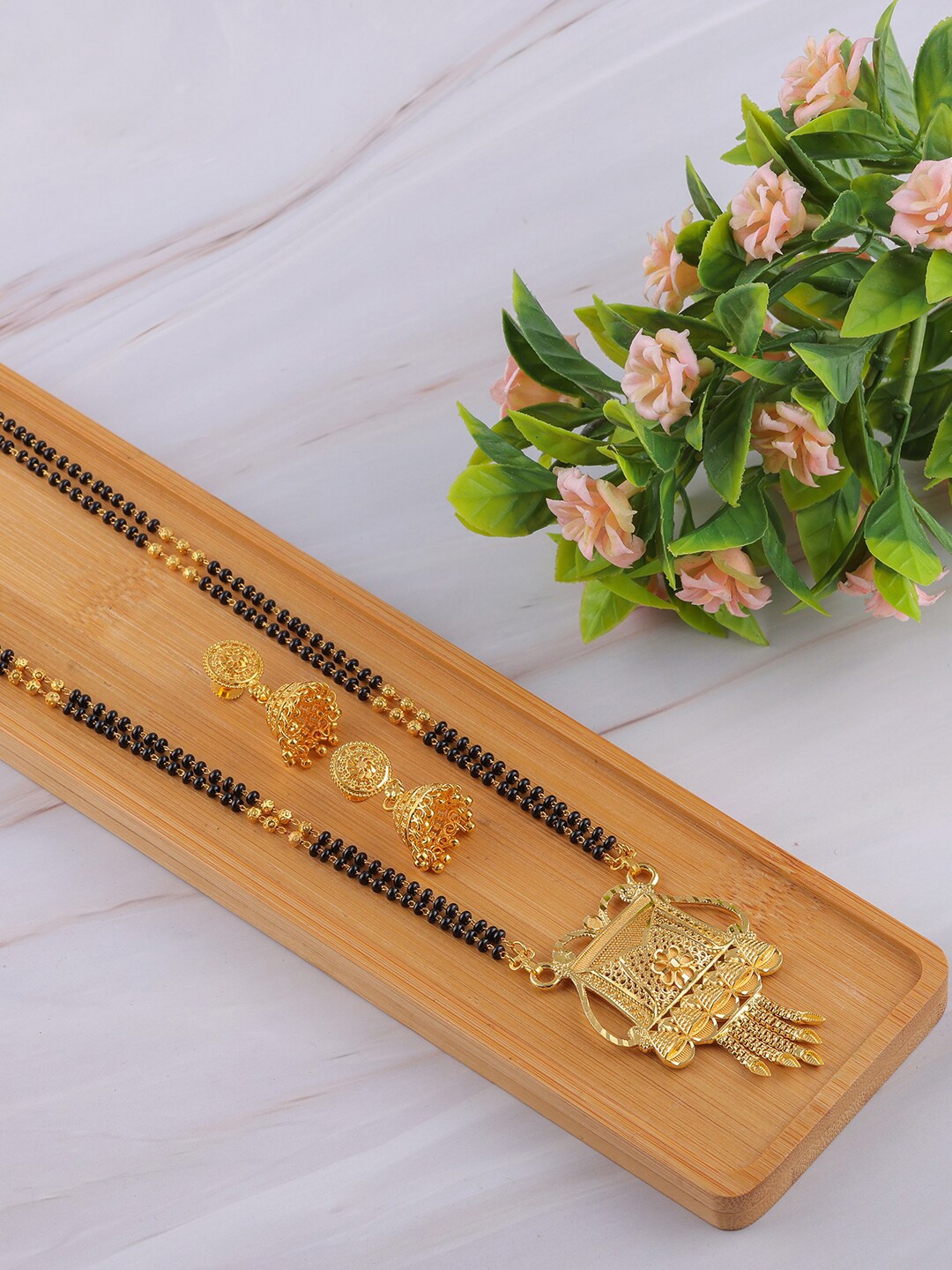 

Brandsoon Gold-Plated Black Beaded Mangalsutra Set