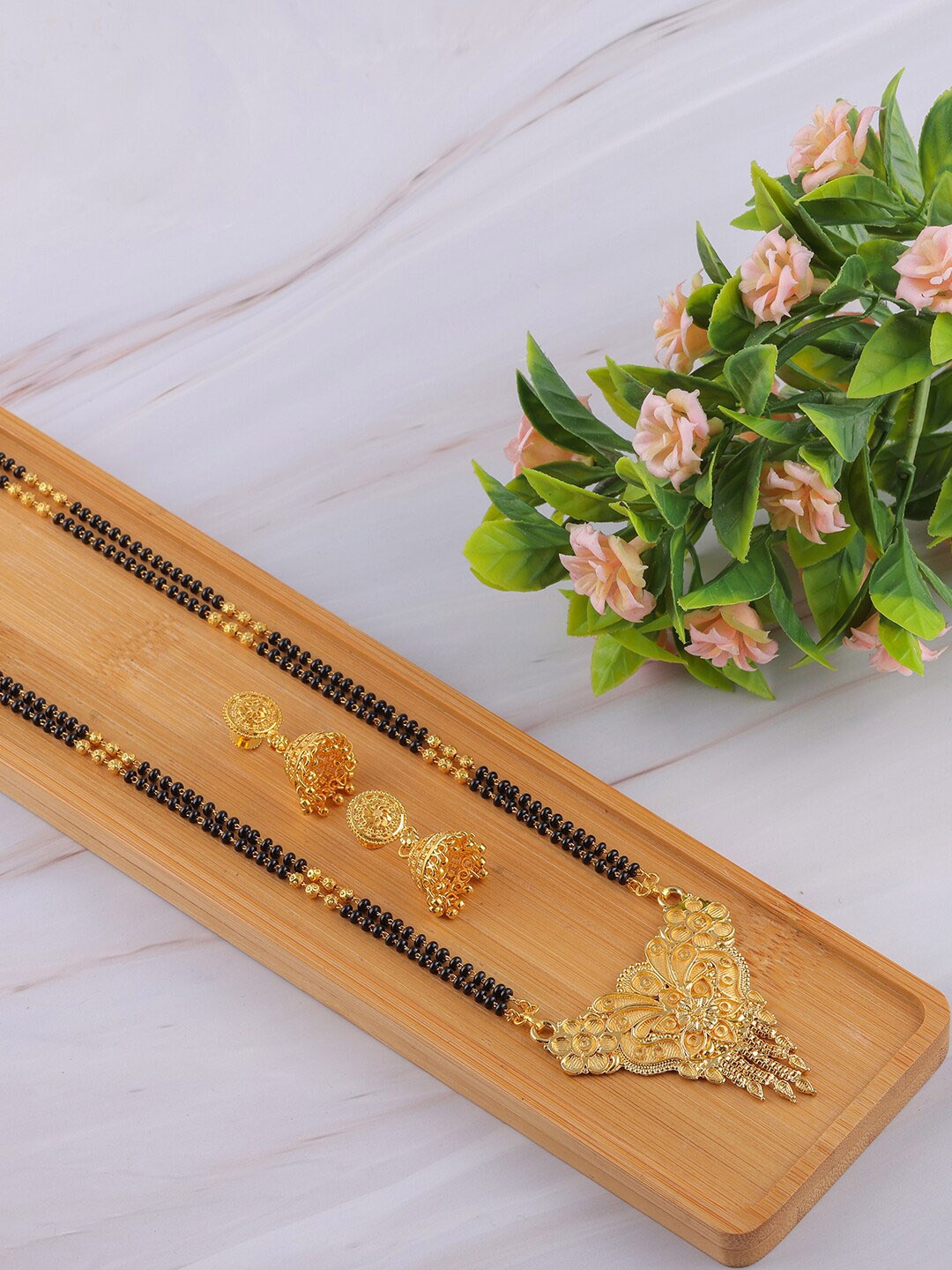 

Brandsoon Gold-Plated Black Beaded Mangalsutra With Earrings