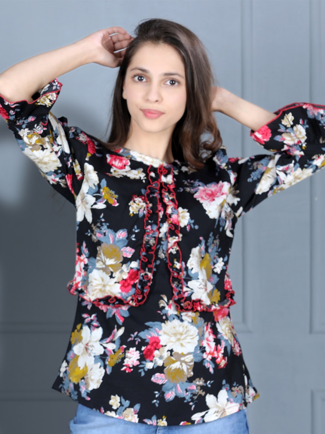 

Cutiekins Black & Grey Floral Print Tie-Up Neck Crepe Top