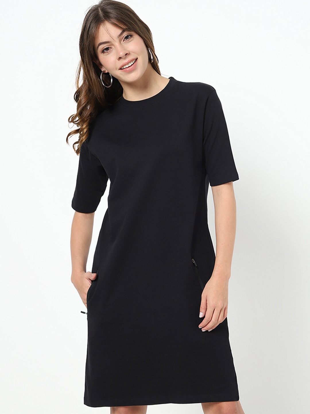 

Bewakoof Black Solid T-Shirt Pure Cotton Dress