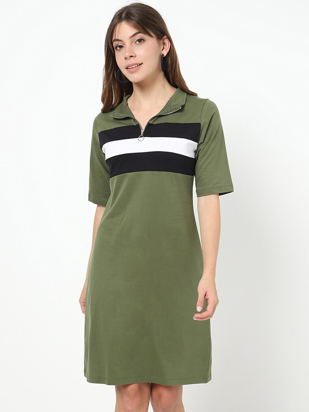 

Bewakoof Olive Green Pure Cotton Colourblocked T-shirt Dress