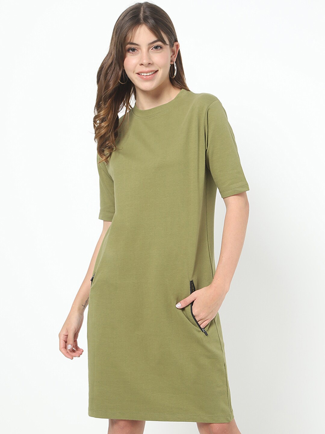 

Bewakoof Green Solid T-shirt Dress