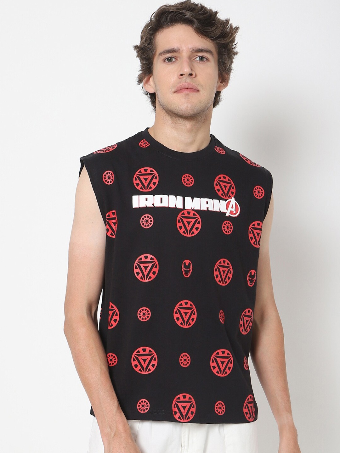 

Bewakoof Men Black & Red Printed Sleeveless Pure Cotton Lounge Tshirt