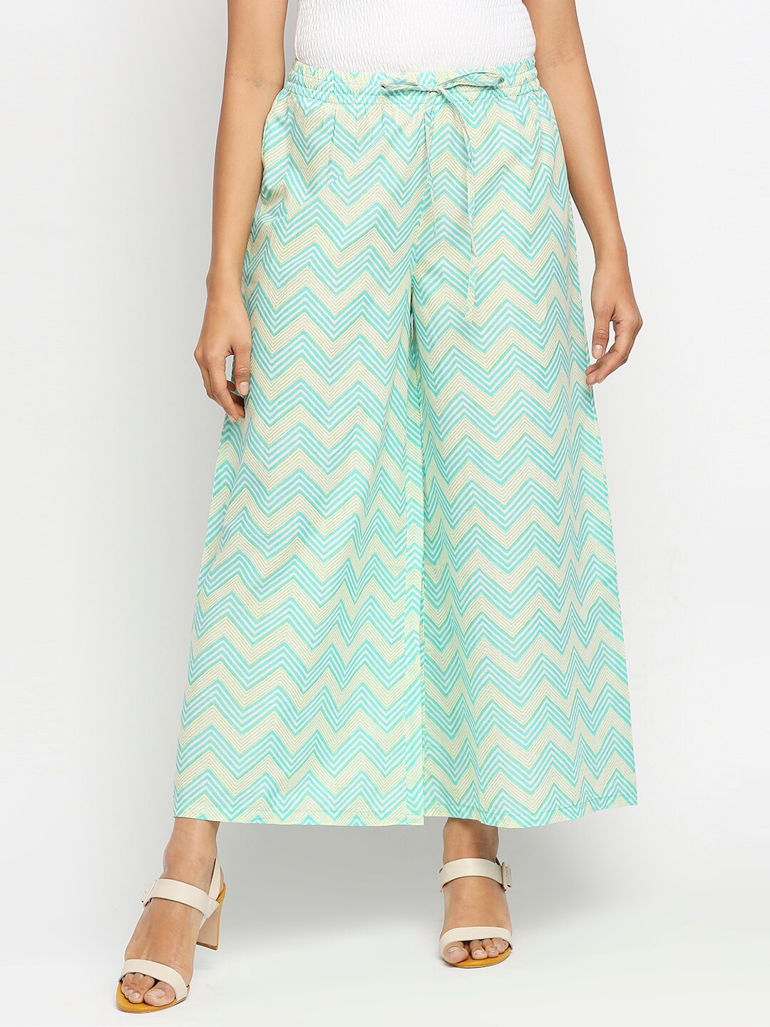 

Ethnicity Women Green & White Printed Flared Knitted Cropped Palazzos