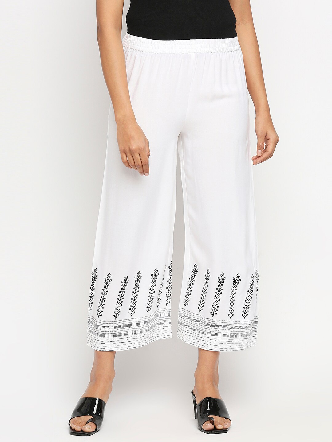

Ethnicity Women White & Black Floral Printed Cropped Palazzos