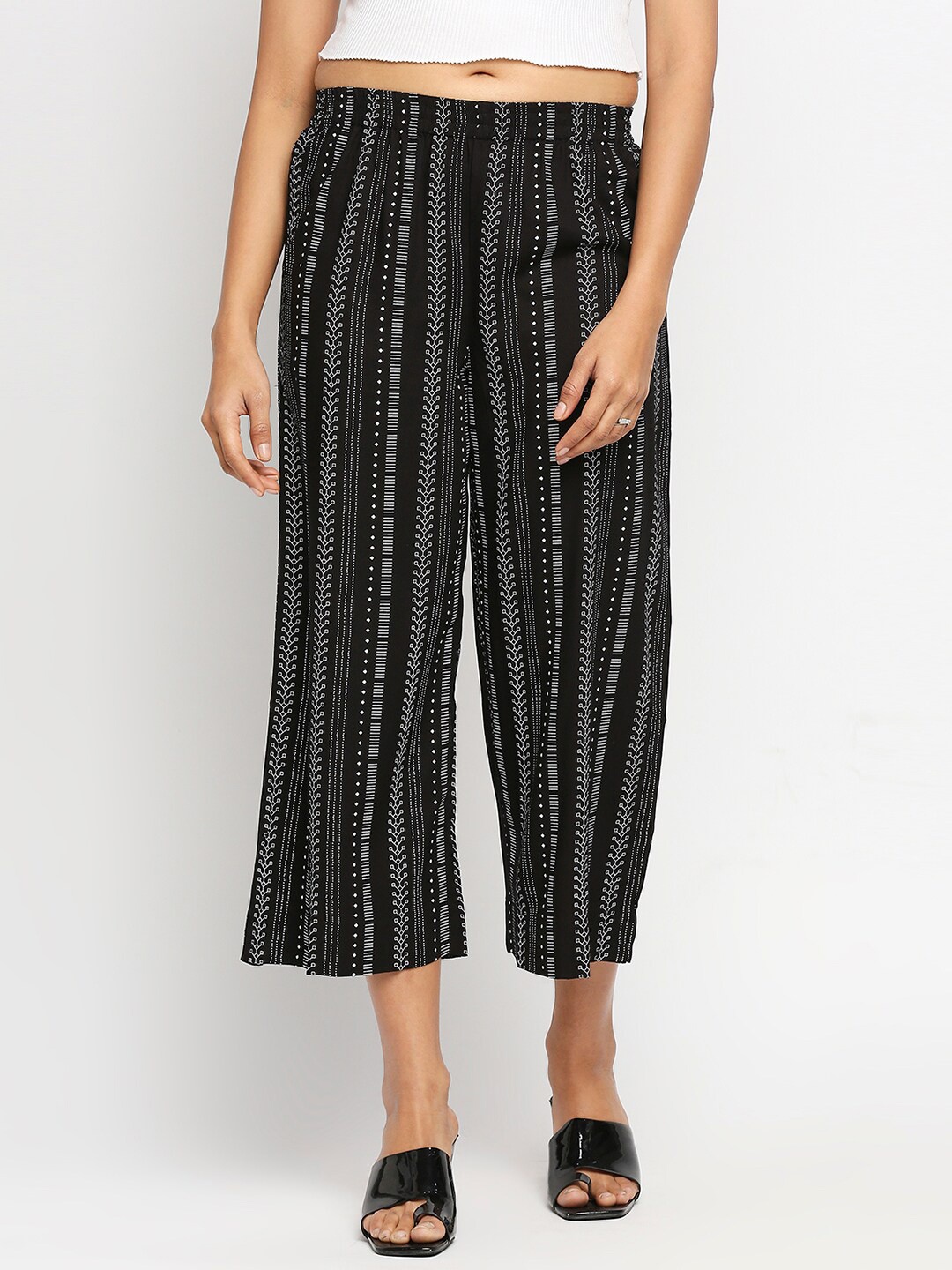 

Ethnicity Women Black & White Printed Flared Cropped Palazzos