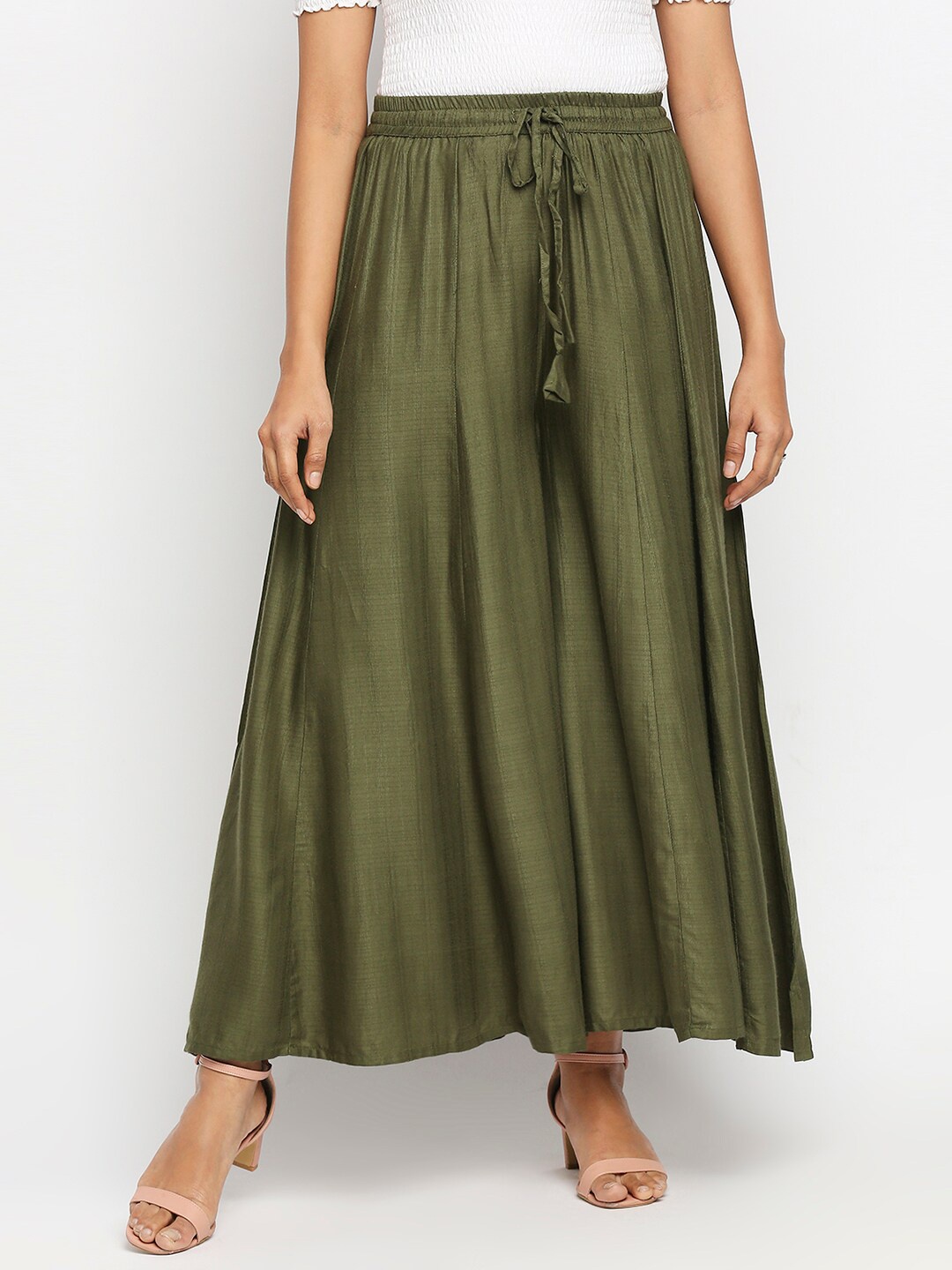 

Ethnicity Women Olive Green Solid Flared Palazzos