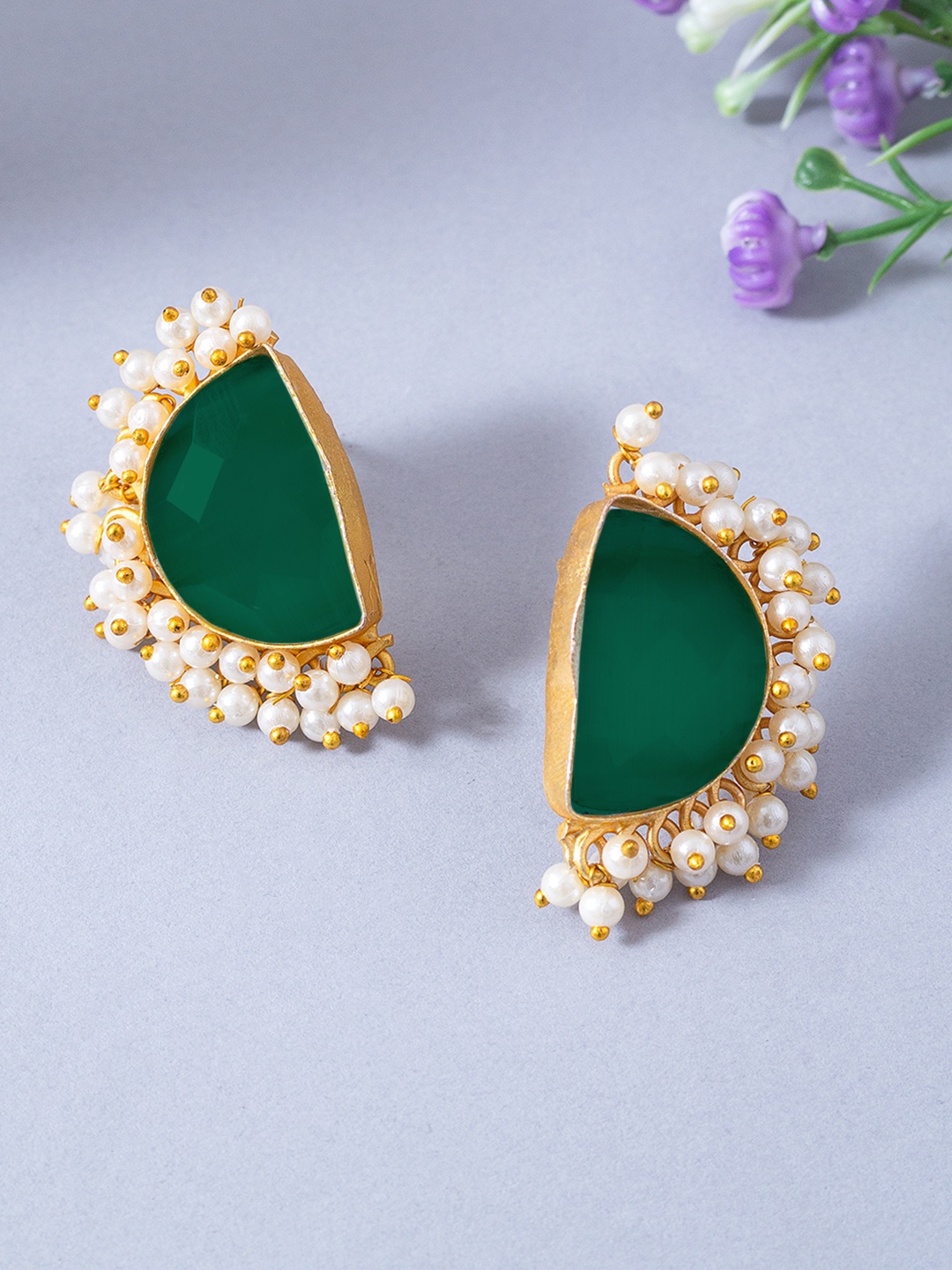 

Golden Peacock Green Stone Studded & Beaded Crescent Shaped Studs Earrings