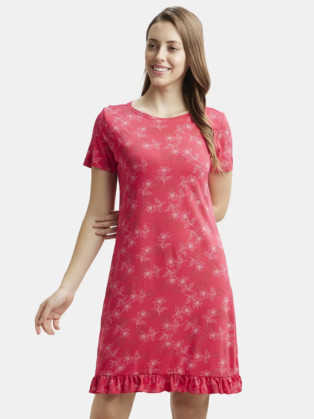 

Jockey Printed Micro Modal Cotton Ruffled Hem Styled Sleep Dress-RX25, Pink