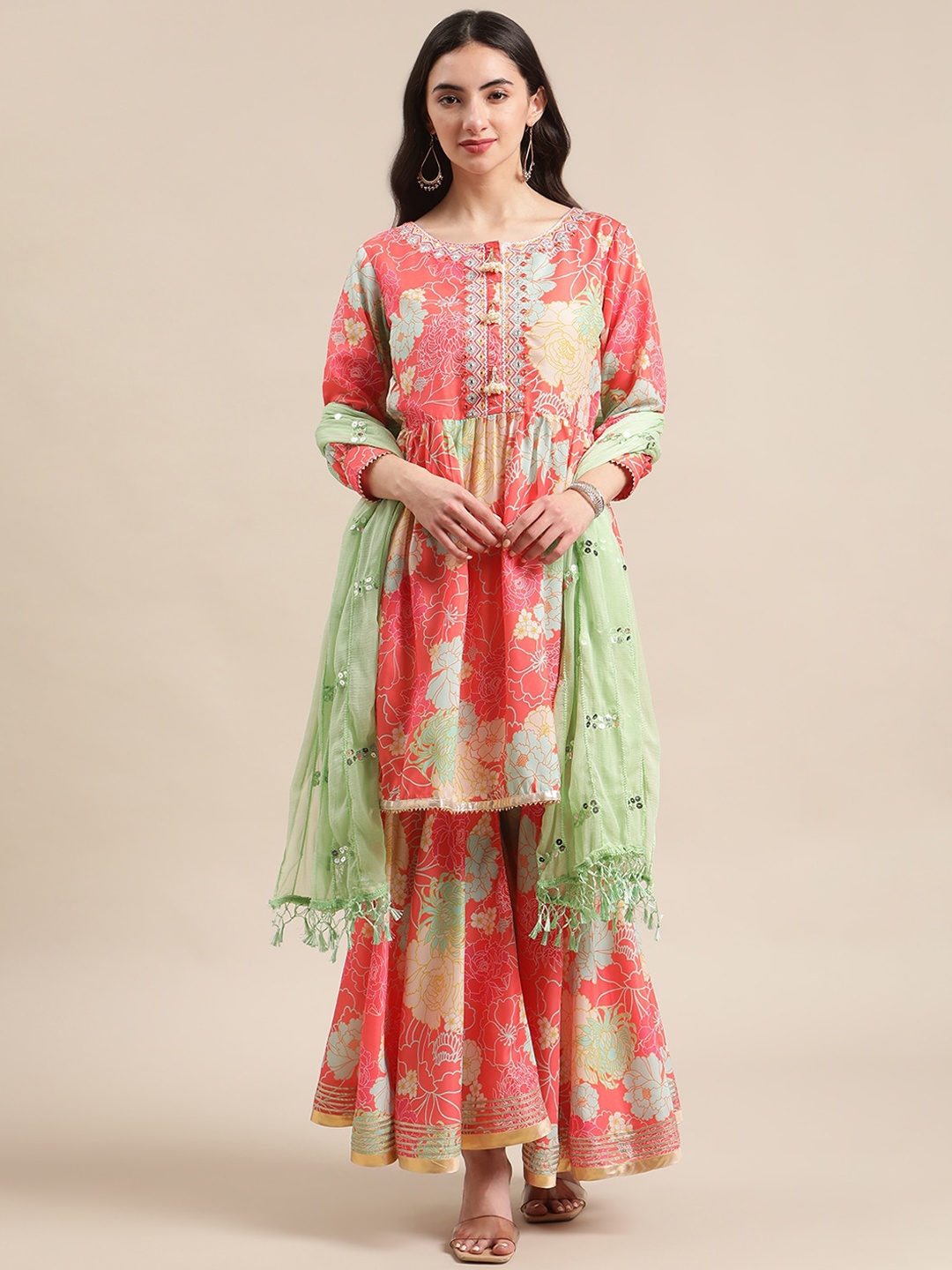 

Varanga Women Coral Floral Printed Empire Kurta with Sharara & With Dupatta