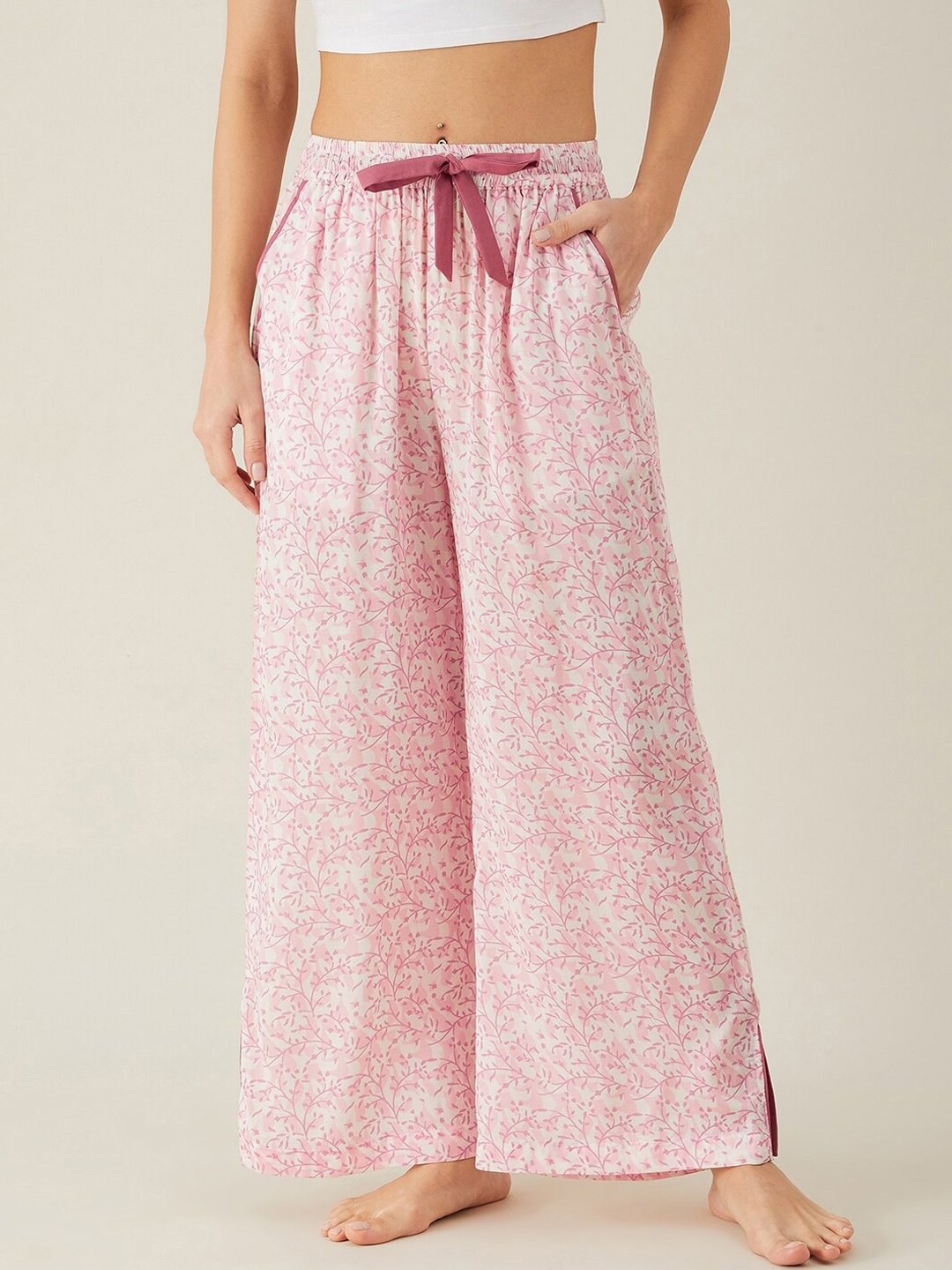 

The Kaftan Company Women White & Pink Printed Flared Lounge Pants
