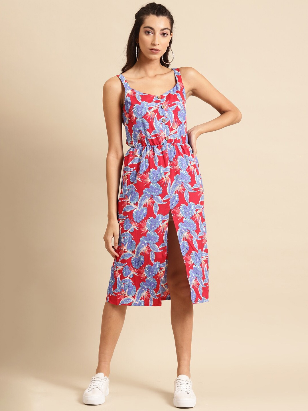 

DODO & MOA Red Floral Crepe A-Line Midi Dress