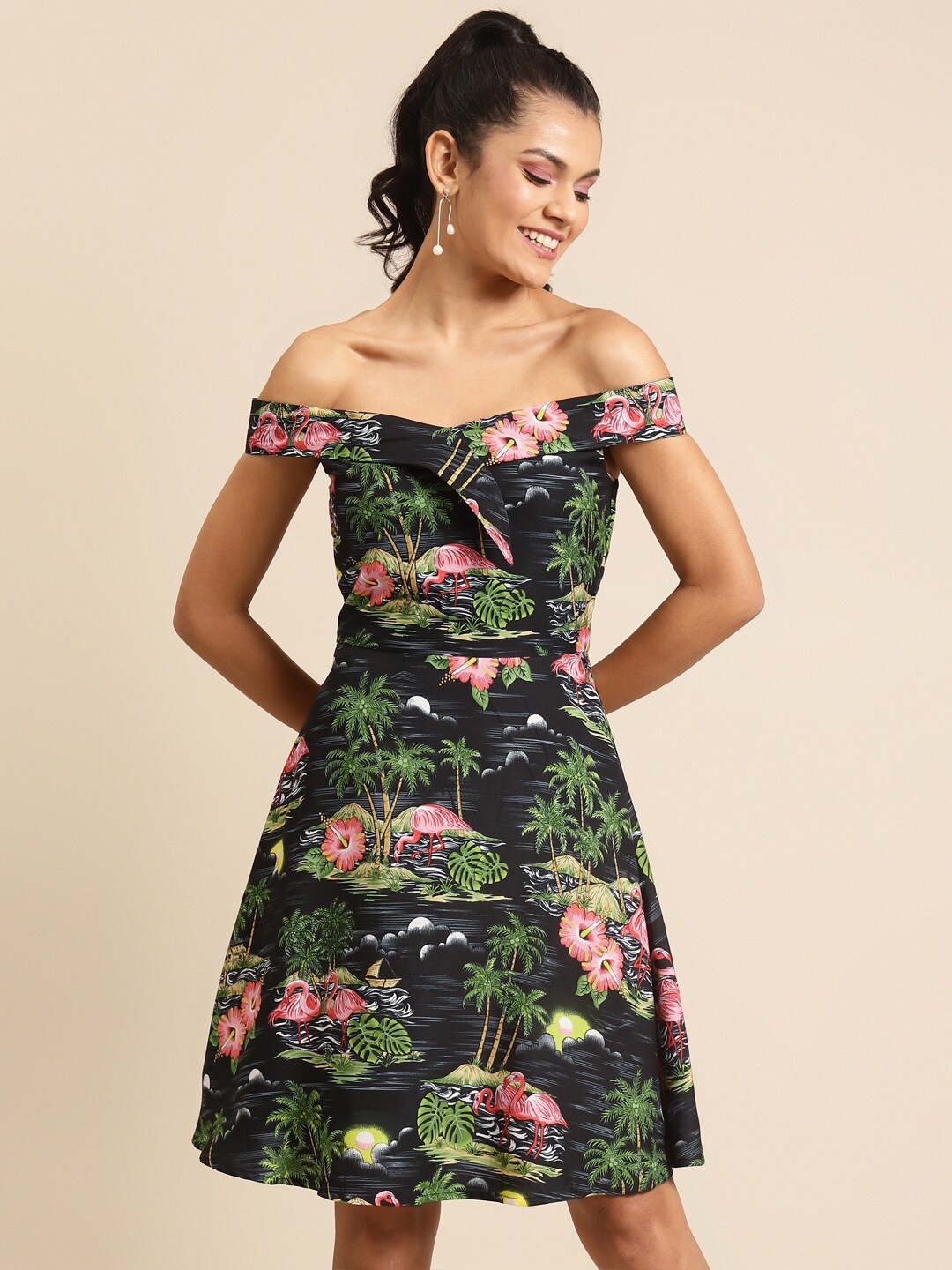 

DODO & MOA Black & Green Floral Off-Shoulder Crepe Dress