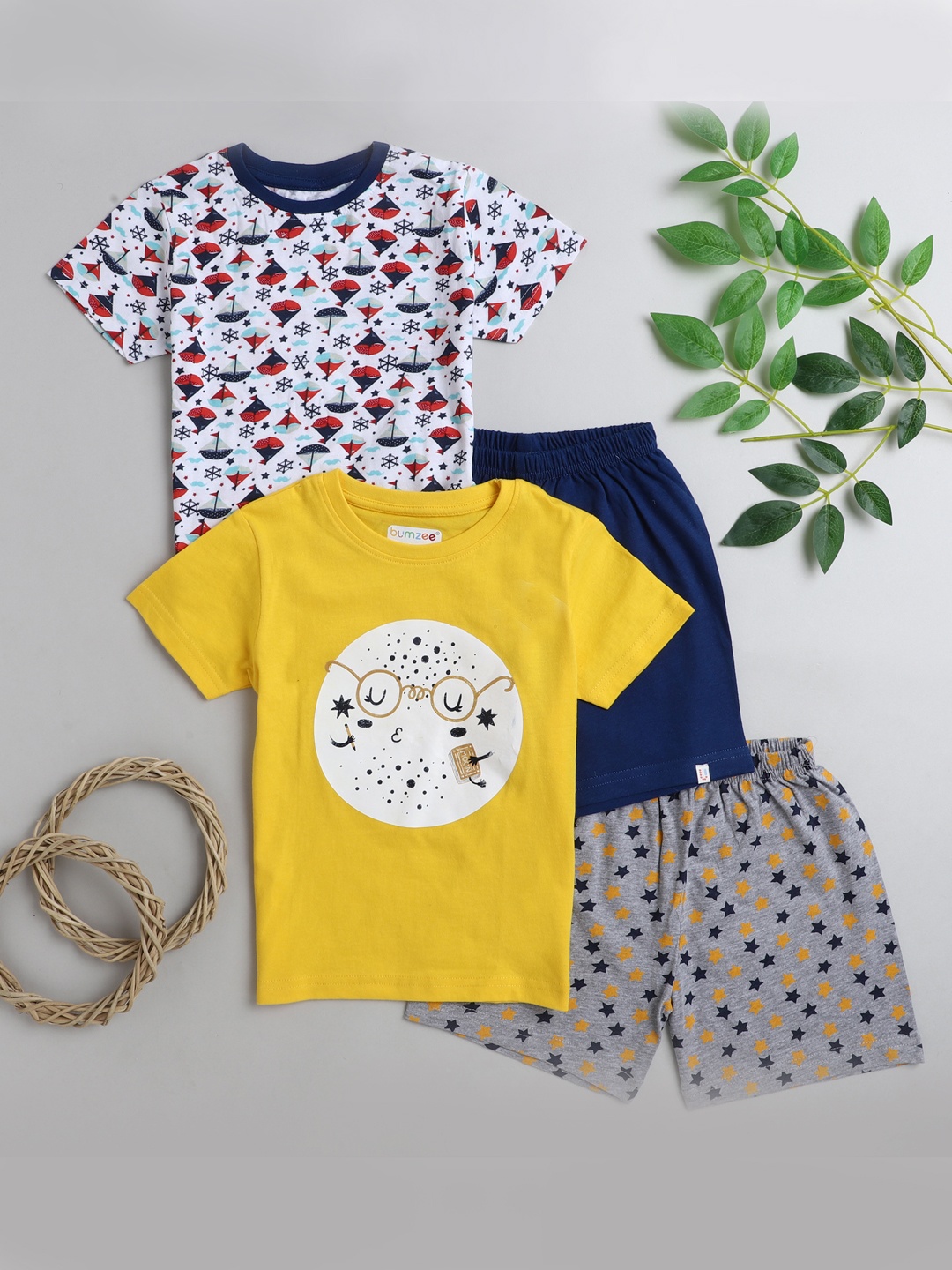 

BUMZEE Boys Pack of 2 Printed Pure Cotton clothing set, Yellow