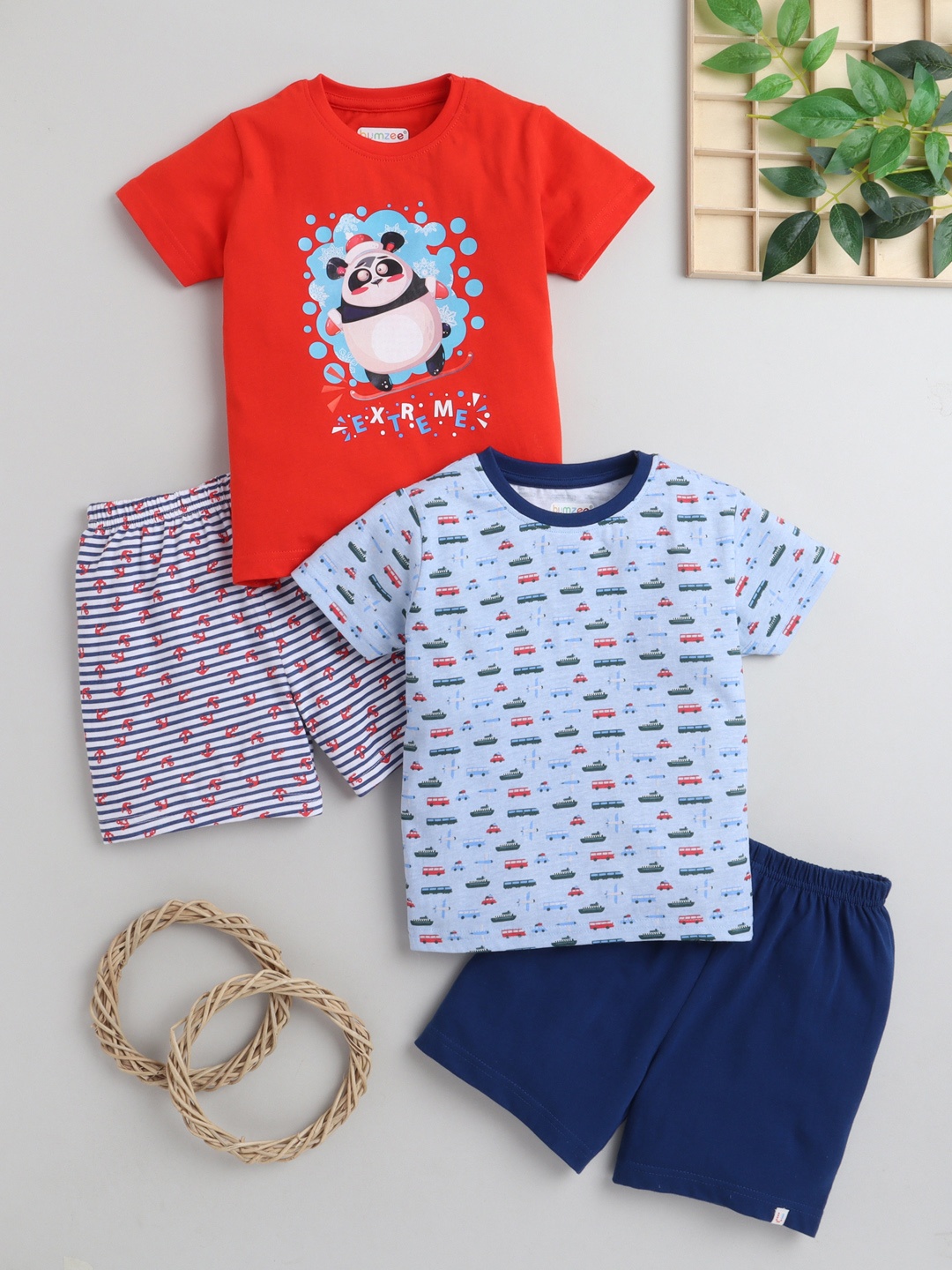 

BUMZEE Boys Pack of 2 Pure Cotton Striped T-shirt & Shorts, Multi