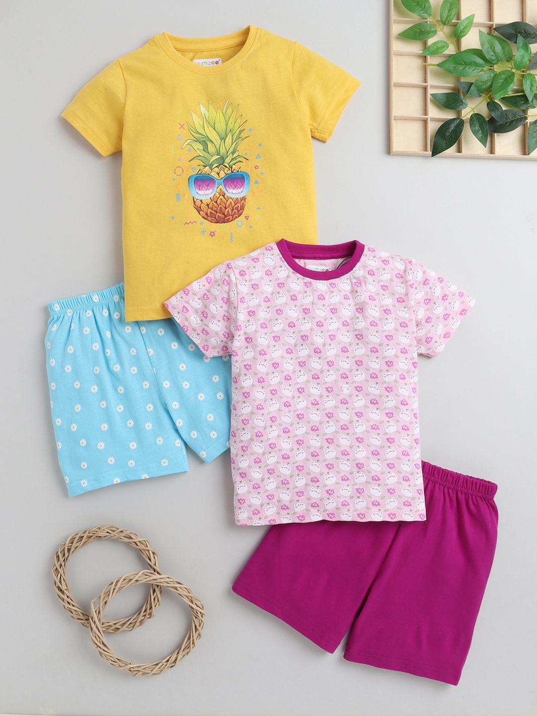 

BUMZEE Girls Pack of 2 Yellow & Purple Cotton aT-Shirt & Shorts Set