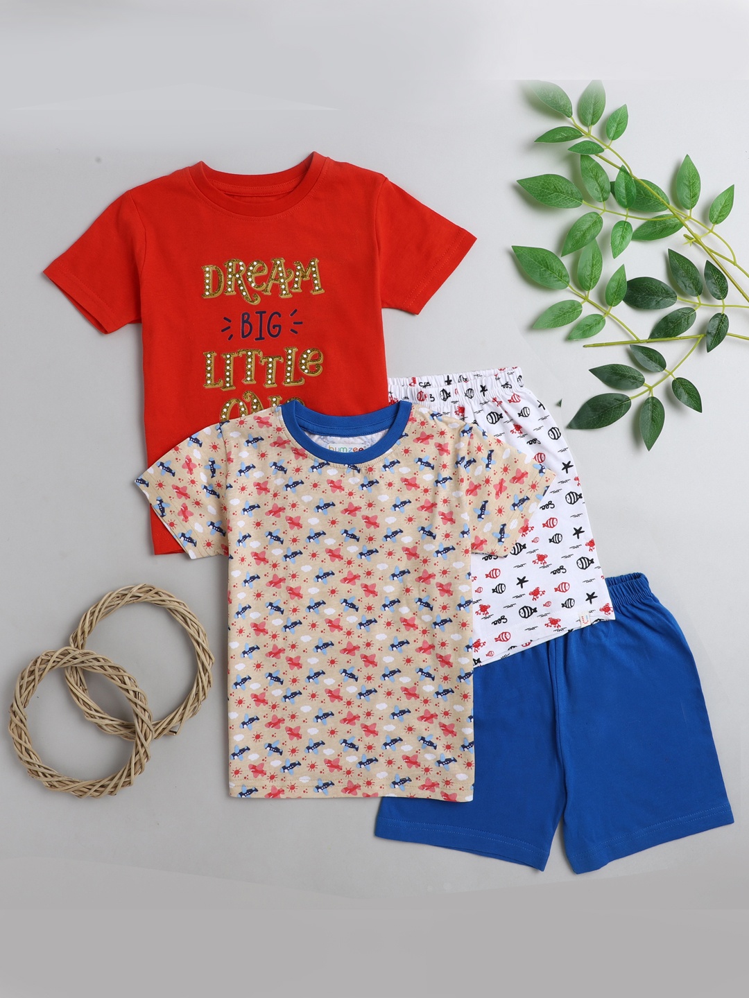 

BUMZEE Boys Pack Of 2 Red & Blue Pure Cotton T-Shirt & Shorts