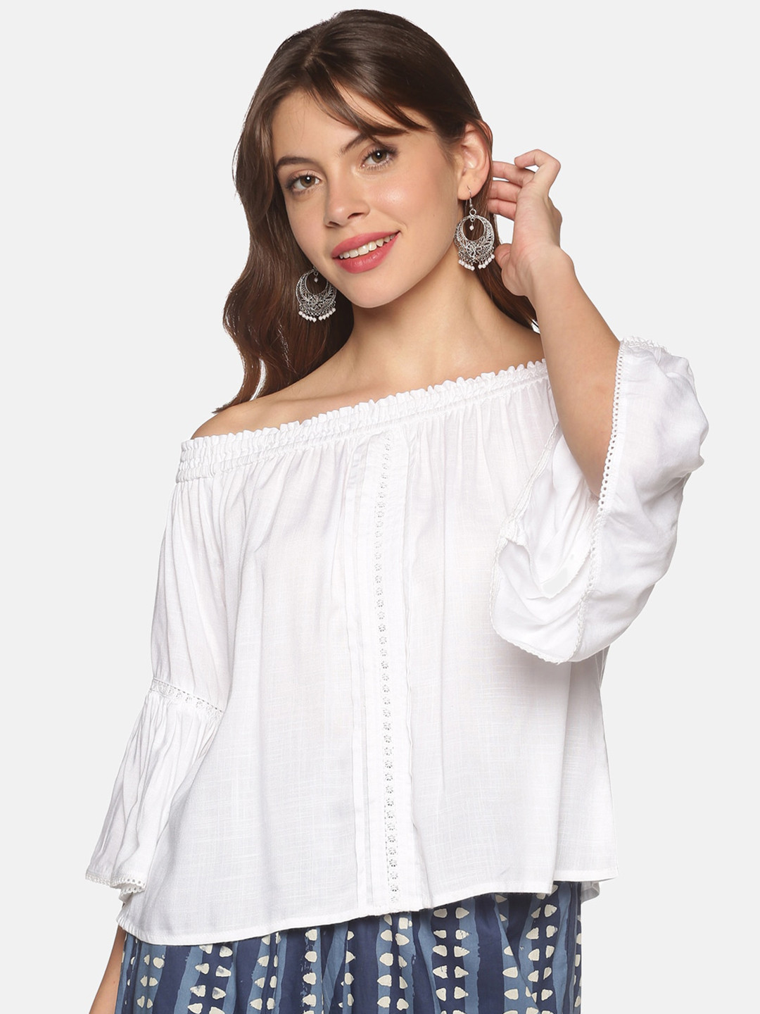 

Saffron Threads Women White Off-Shoulder Bardot Top