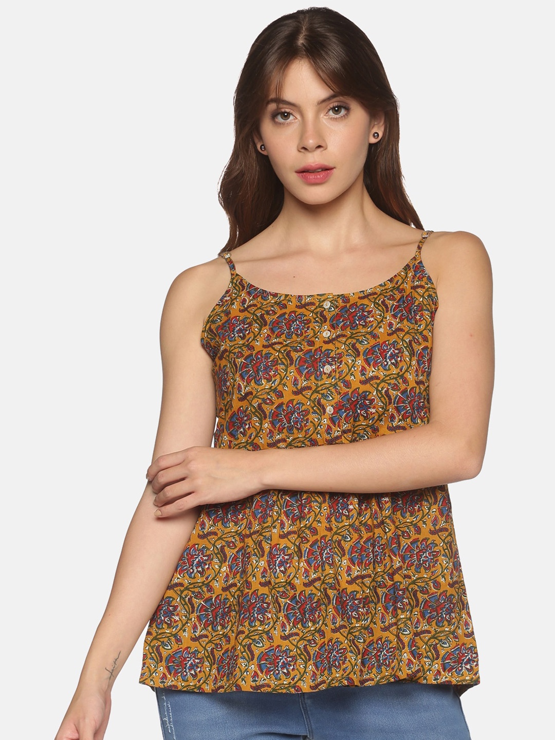 

Saffron Threads Mustard Yellow Floral Print Top