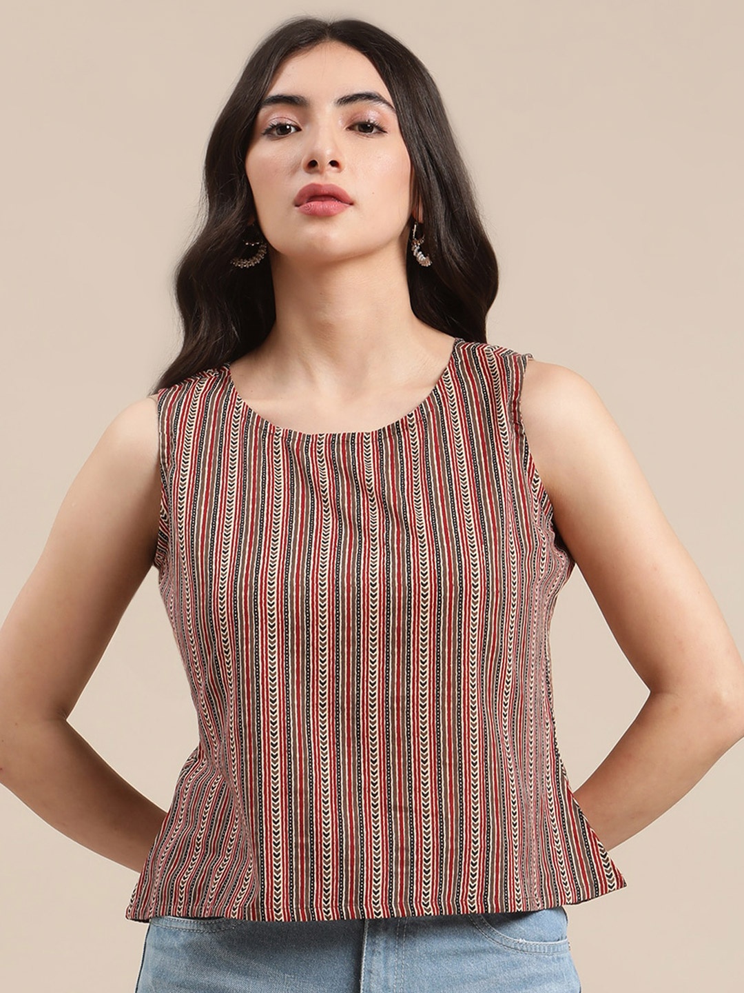 

KSUT Women Rust & Brown Geometric Print Pure Cotton Regular Top