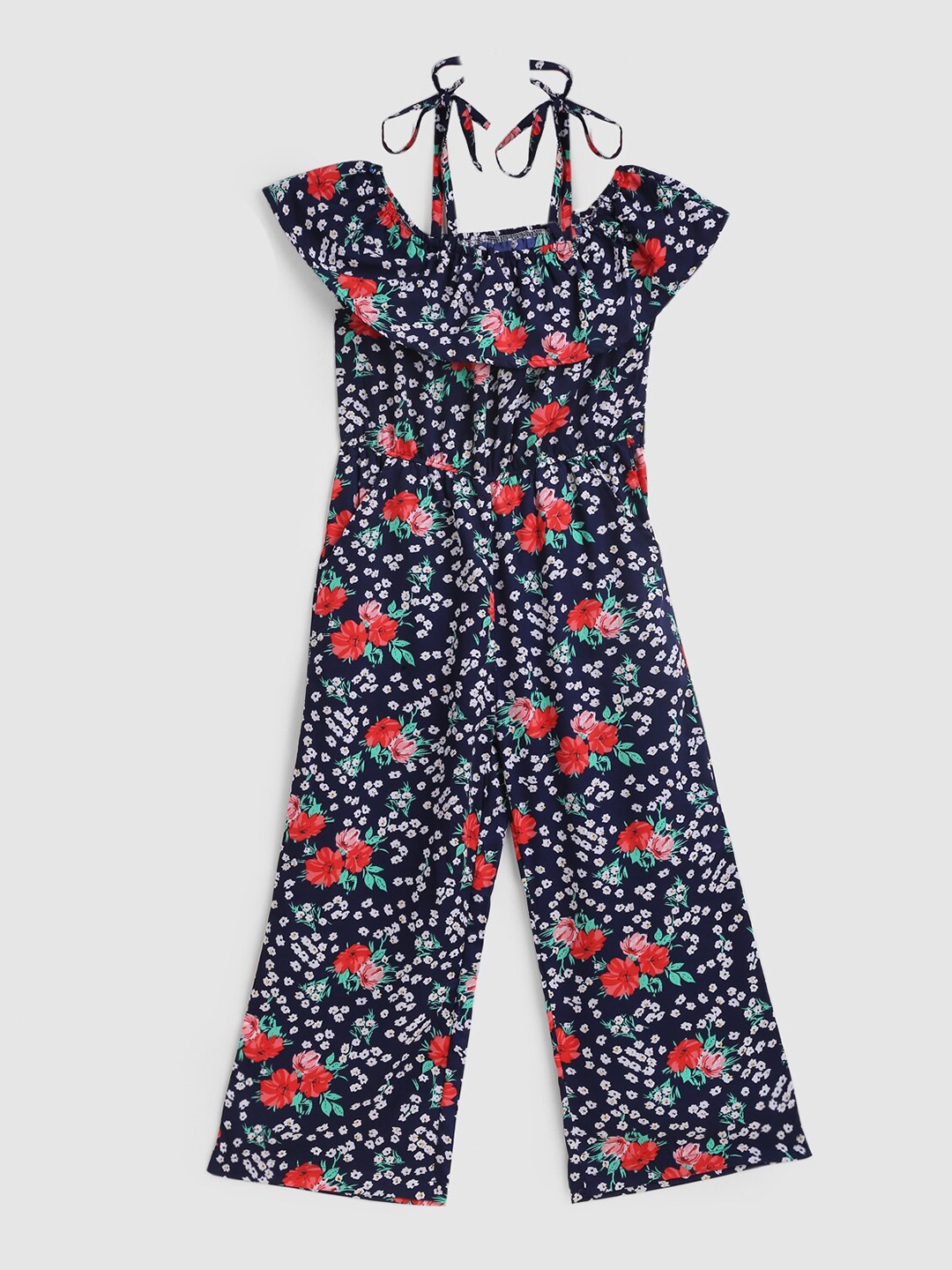 

YK Girls Navy Blue Printed Basic Jumpsuit with Ruffles