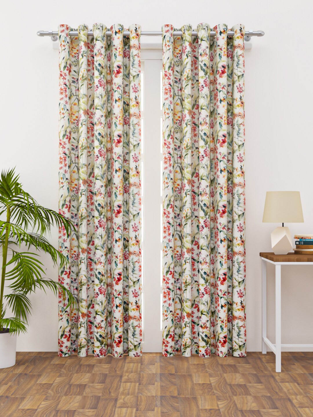 

HAPPY HUES Set of 2 Off White & Green Floral Door Curtains