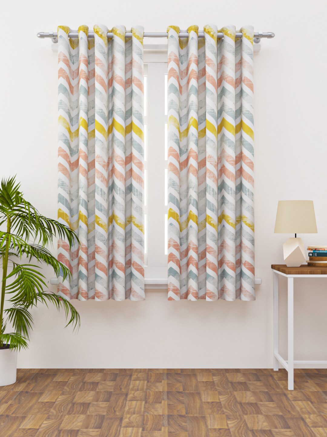 

HAPPY HUES Set of 2 White & Grey Geometric Window Curtain