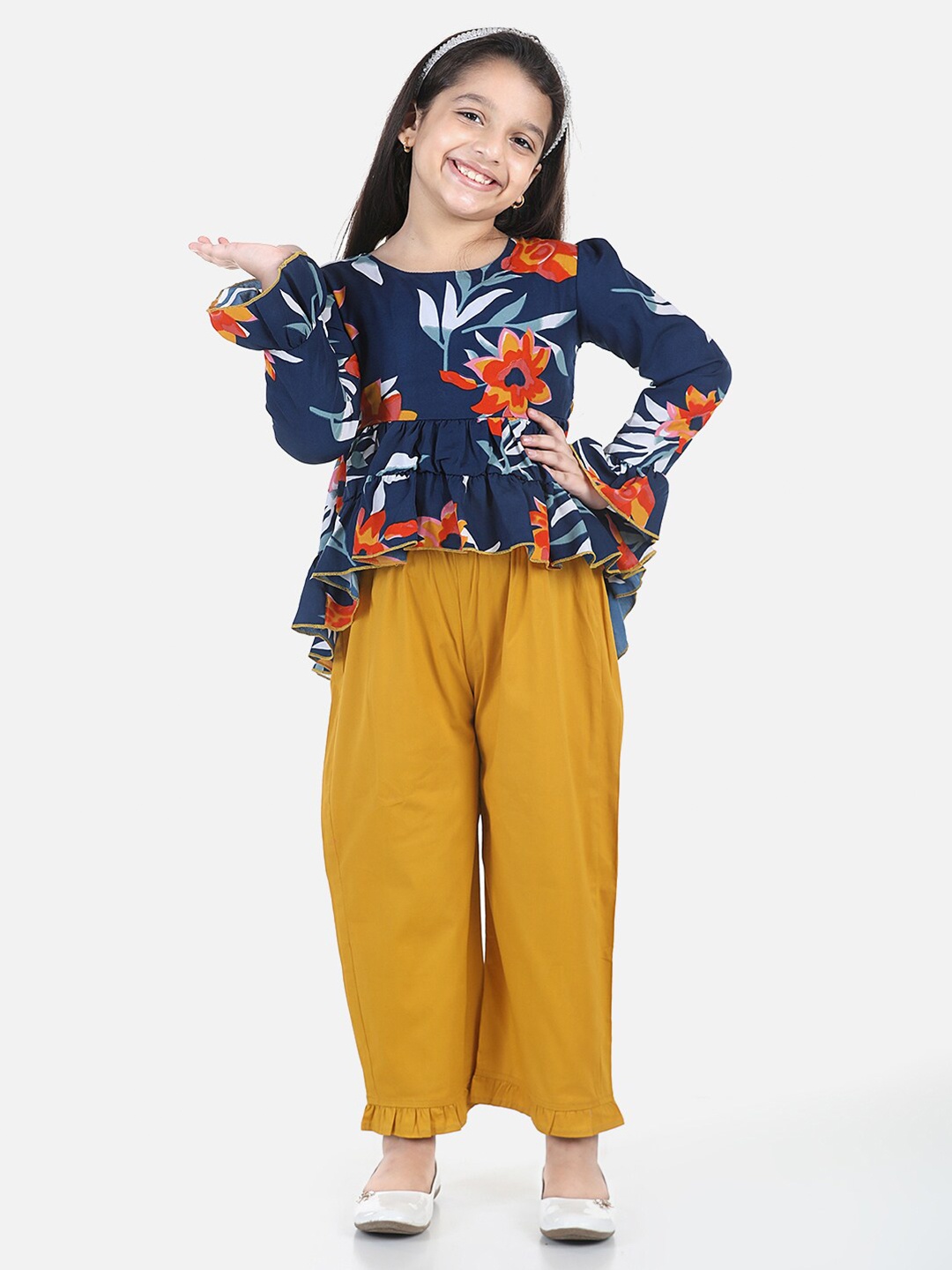 

Cutiekins Girls Navy Blue & Mustard Yellow Printed Top with Trousers
