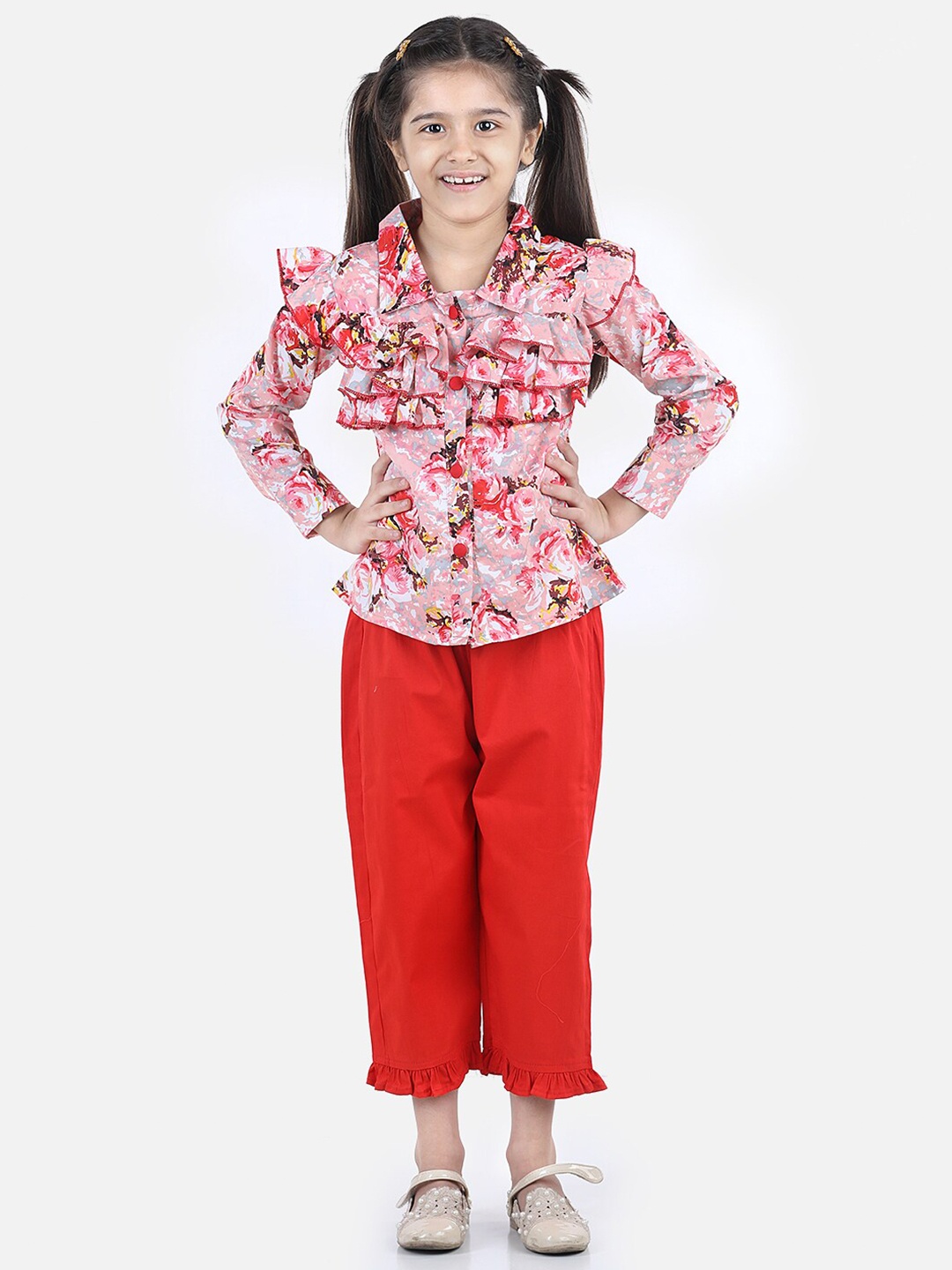 

Cutiekins Girls Pink & Red Printed Shirt with Capris