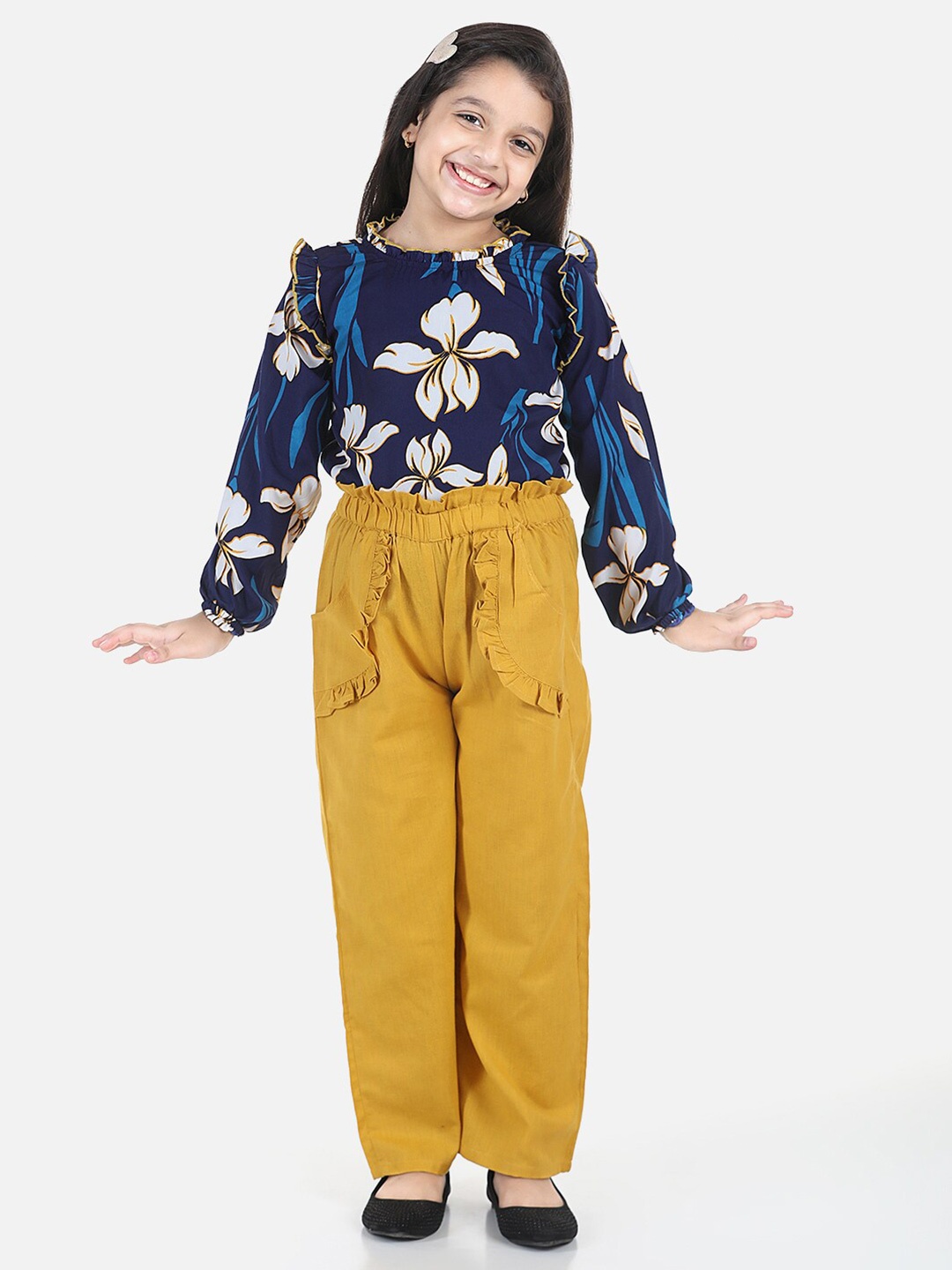 

Cutiekins Girls Navy Blue & Mustard Floral Printed Top With Palazzos
