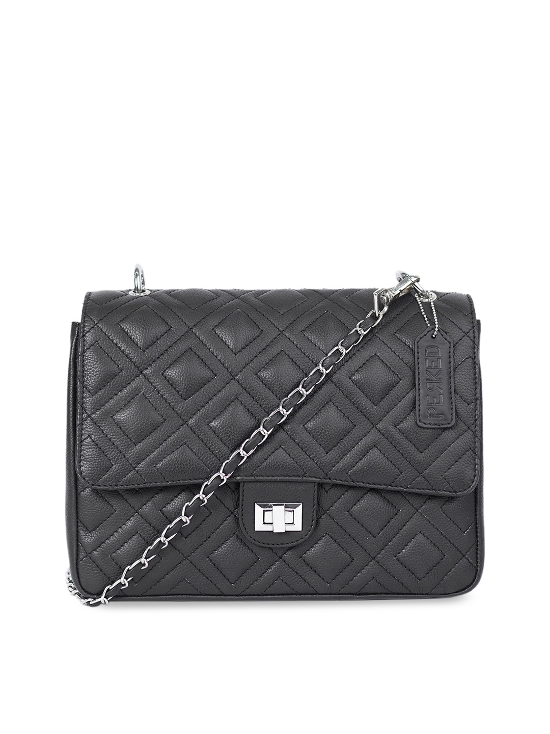 

PERKED Black Checked Leather Swagger Sling Bag with Quilted