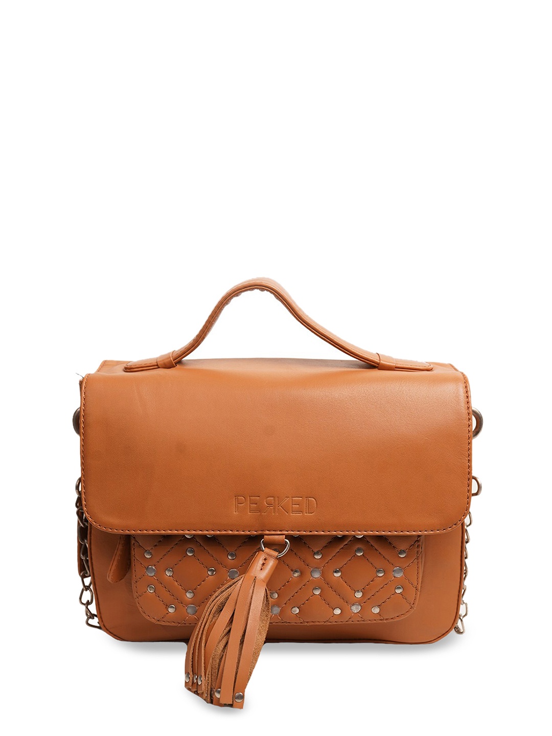

PERKED Camel Brown Embellished Leather Structured Handheld Bag with Tasselled
